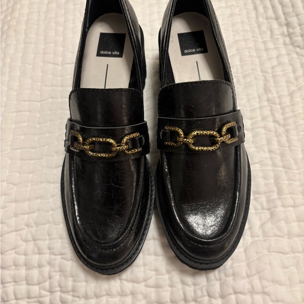 Dolce Vita Black Loafers with Gold Chain Detail